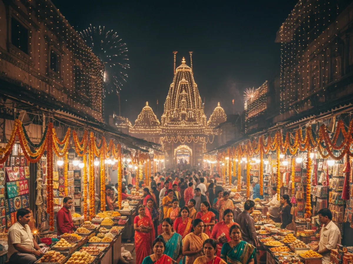 Vibrant festival market with decorations.