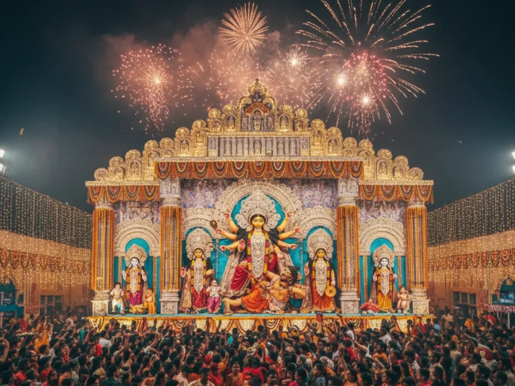 Colorful festival celebration with fireworks.