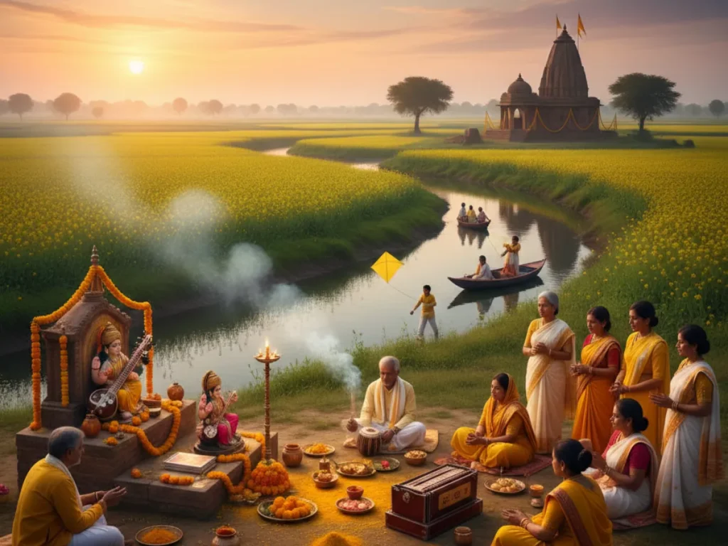 Rural Saraswati Puja by river with temple, devotees, and traditional offerings