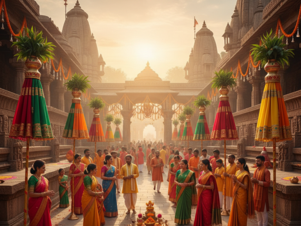 Indian temple festival celebration with devotees, decorations, and traditional attire