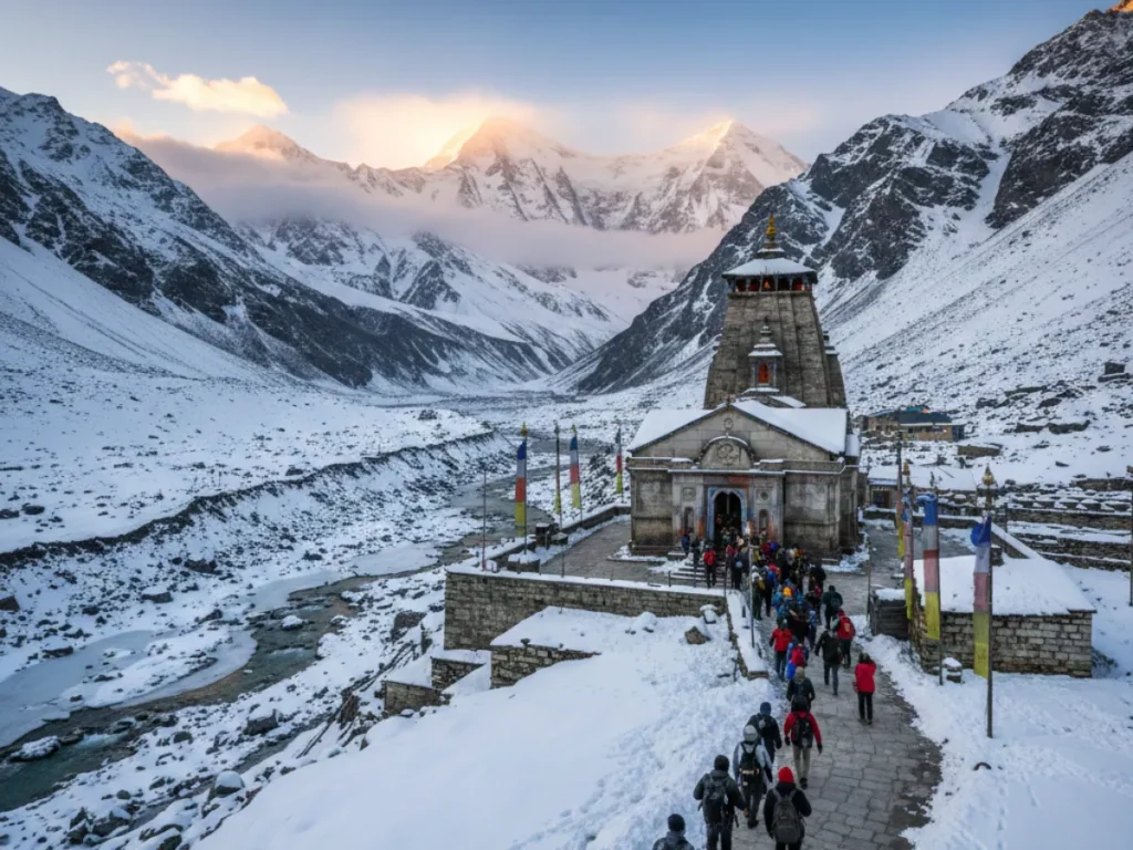 Pilgrims walking toward Kedarnath Temple covered in snow with Himalayan mountains at sunrise, Uttarakhand