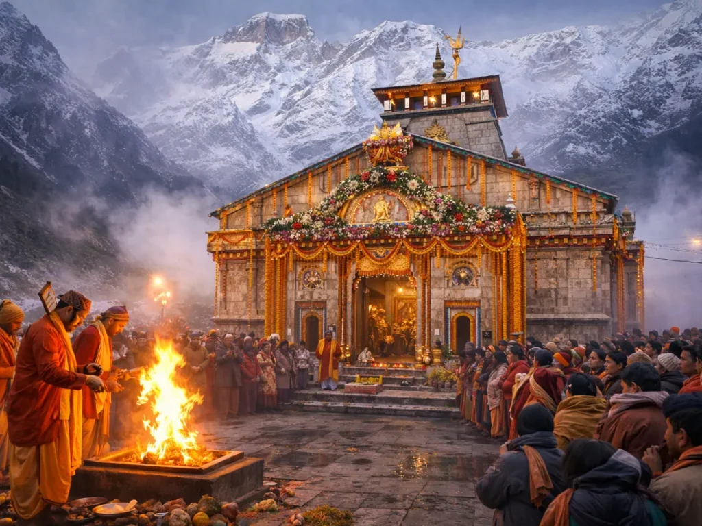 Evening aarti ceremony at Kedarnath Temple decorated with flowers, devotees gathered amid snow-covered Himalayas
