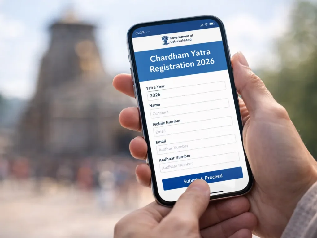 Devotee registering for Char Dham Yatra 2026 on mobile phone with Kedarnath Temple blurred in background