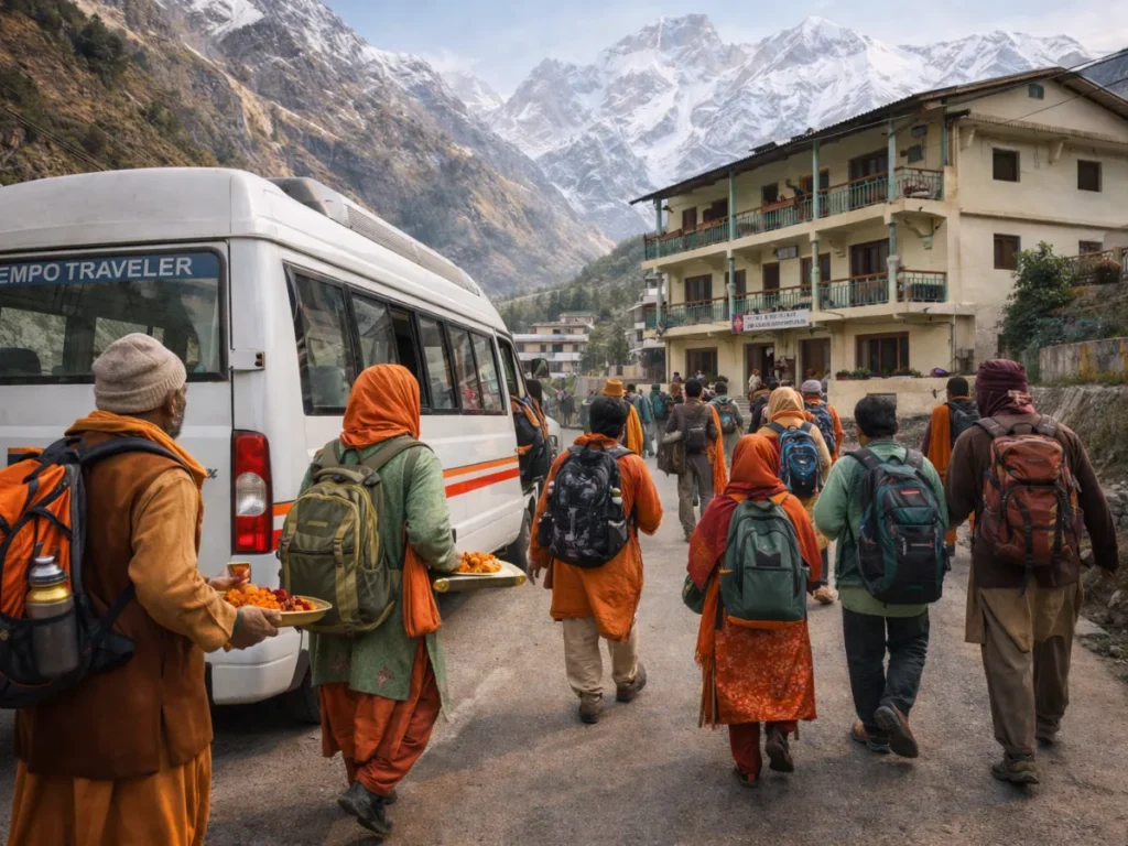Kedarnath and Badrinath temples with pilgrims,