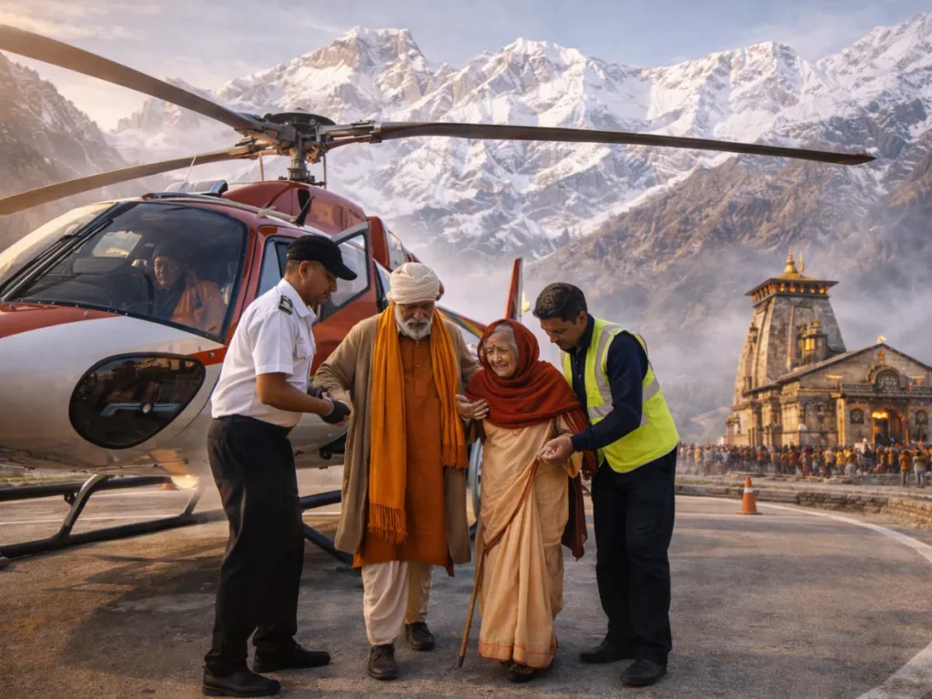 Elderly pilgrims assisted after helicopter ride near Kedarnath Temple with snow-covered Himalayas in background