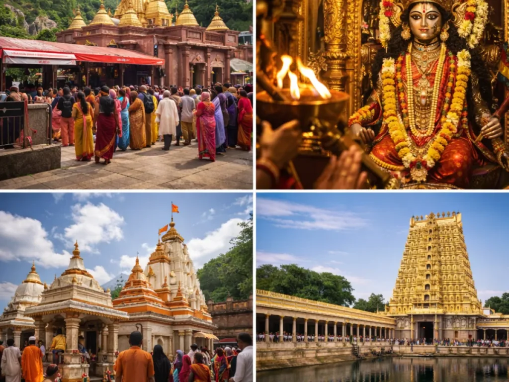 Vaishno Devi Temple queue, Durga Aarti ritual, hill temple complex and Meenakshi Temple Madurai pilgrimage collage