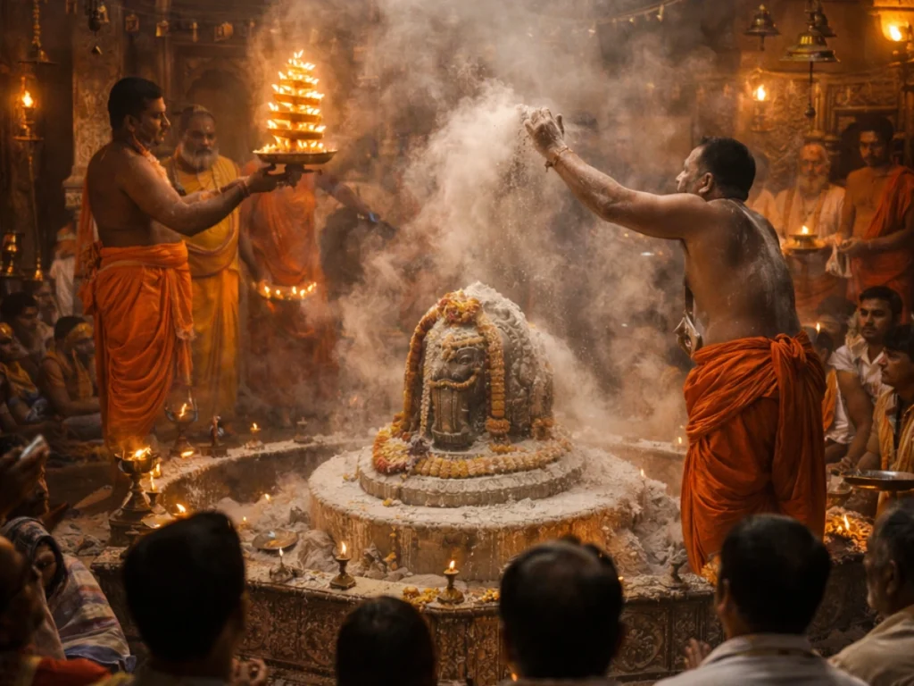 Priests performing sacred Bhasma Aarti at Mahakaleshwar Jyotirlinga Temple in Ujjain with devotees witnessing the ritual