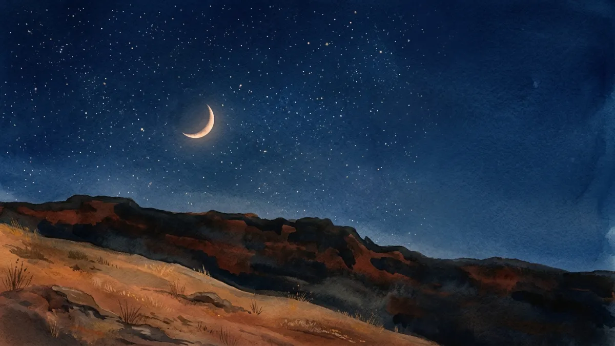 Painted night sky full of stars above a dark earth-red ridge, with a thin crescent moon