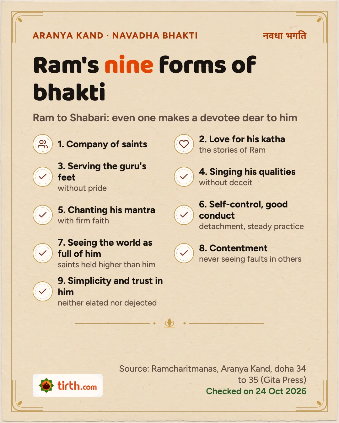 Checklist of the nine forms of bhakti Ram teaches Shabari in Aranya Kand, from the company of saints to simplicity and trust
